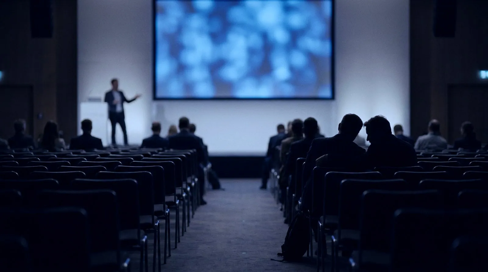 Hotel ballroom breakout session with projection and pipe and drape