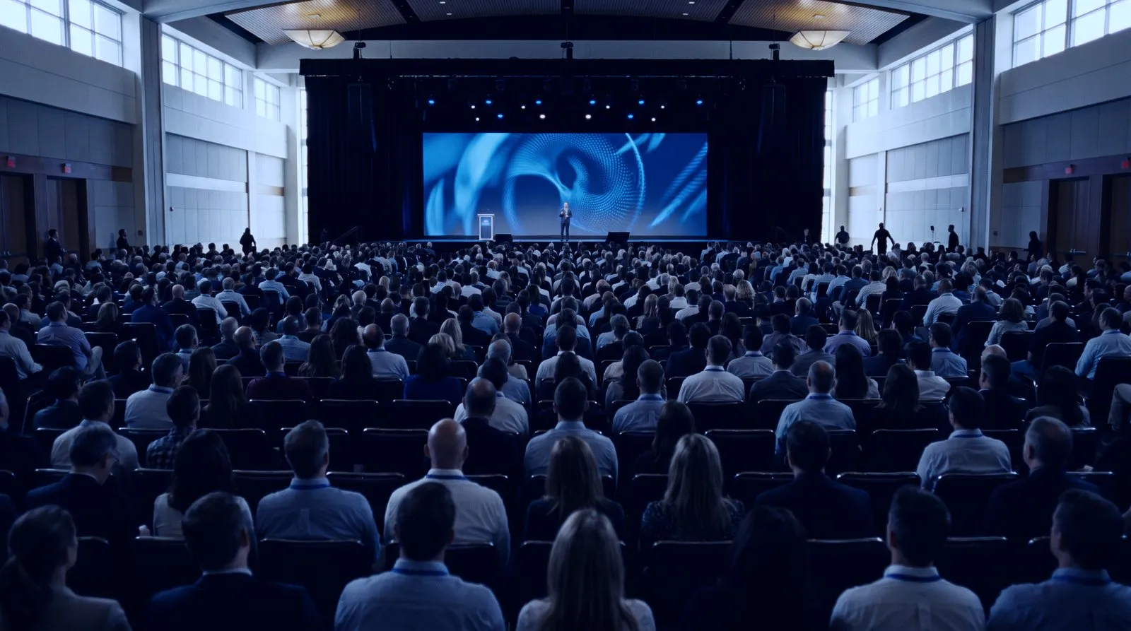 General session stage with large screens and audience