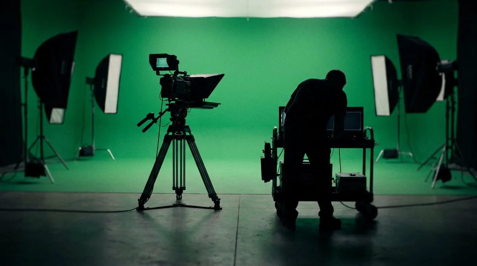 Green screen studio with a broadcast camera on tripod